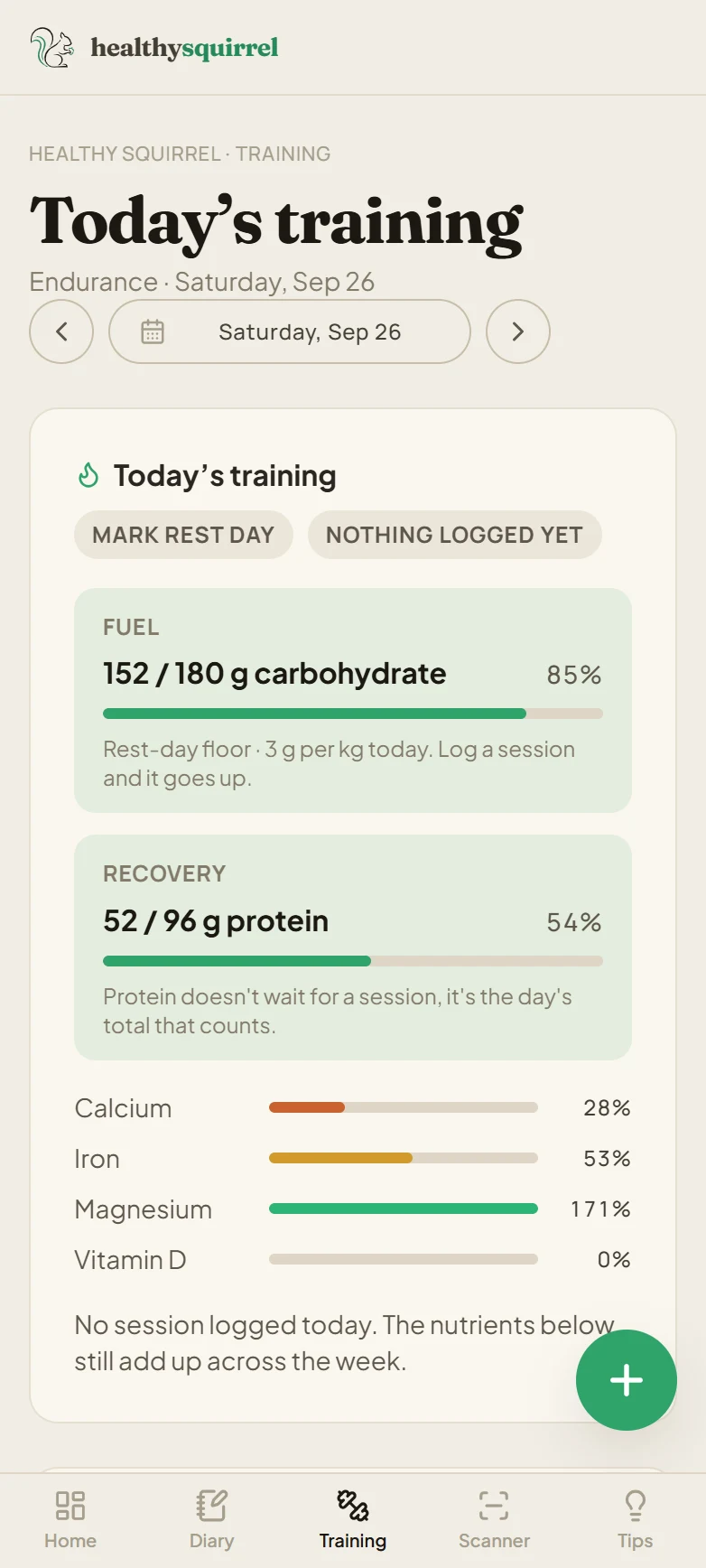 The app's training screen: Today's training, endurance, with fuel at 152 of 180 g carbohydrate, recovery at 52 of 96 g protein, and bars for calcium, iron, magnesium and vitamin D.